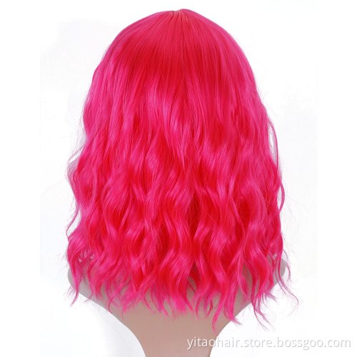 Wholesale price High Temperature Fiber Short Natural Wave Hot pink  Water Wave Synthetic Wig For Women With Flat Bangs